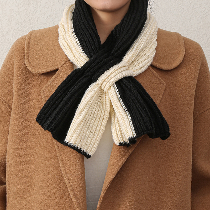 Picture of Small Scarf Short Women's Autumn and Winter Cross Knitted Scarf Korean Style Color Matching Versatile Winter Warm Lazy Neck Protector Popular