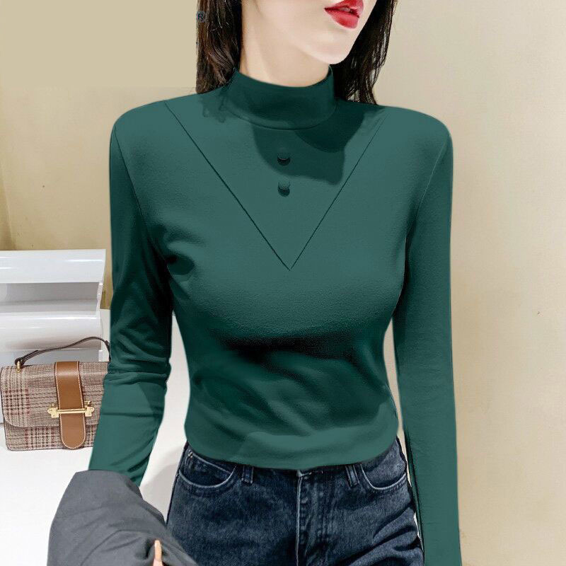 Picture of 1*1 Threaded Double-sided Velvet New Half-high Collar Women's Long-sleeved Top Autumn and Winter Slim-fit Inner Brushed Warm Shirt