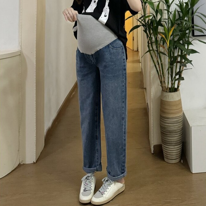 Picture of South Korea Pregnant Women's Jeans Spring and Autumn Wear Wide-leg Pants Straight High Waist Abdomen-supporting Pants Pregnant Women's Trendy Casual Pants