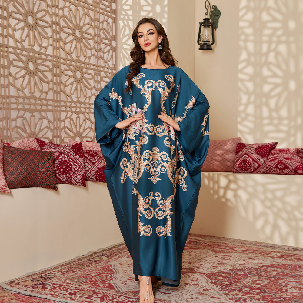 Yaoting Cross-border Spring and Autumn New plus size Pajamas Women's Middle East Wind Satin Gorgeous Printed Blouse Long Nightgown DP3399