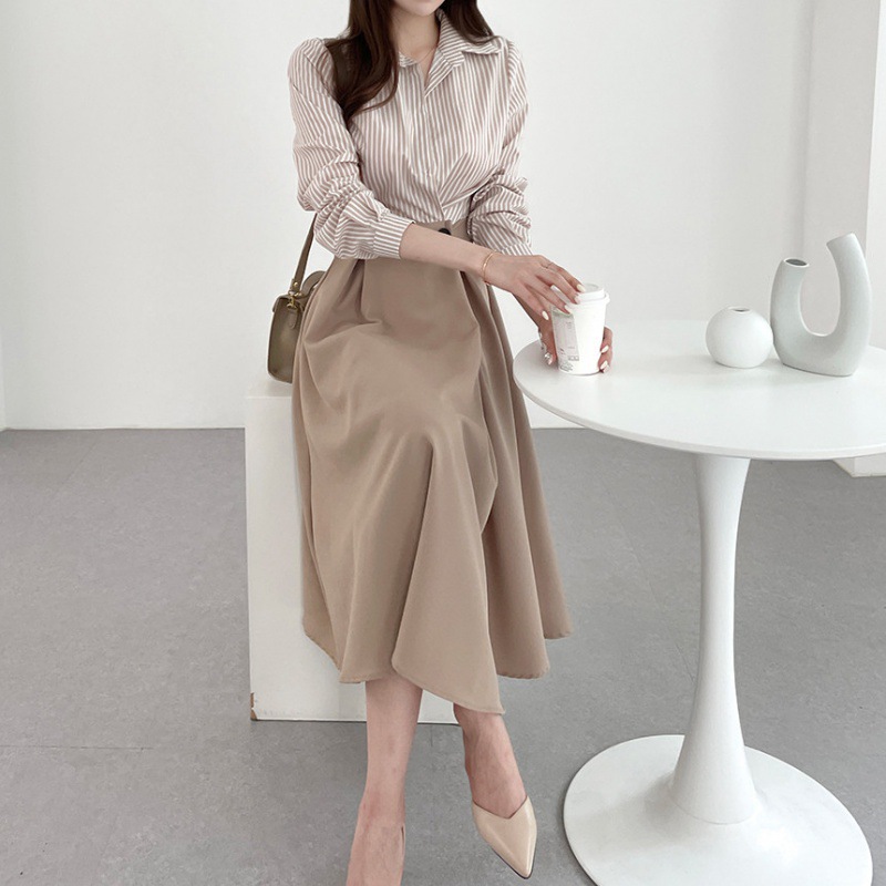 Size Updated Korean Chic Light Luxury Fashion Elegant Striped Stitching Waist Shirt Dress