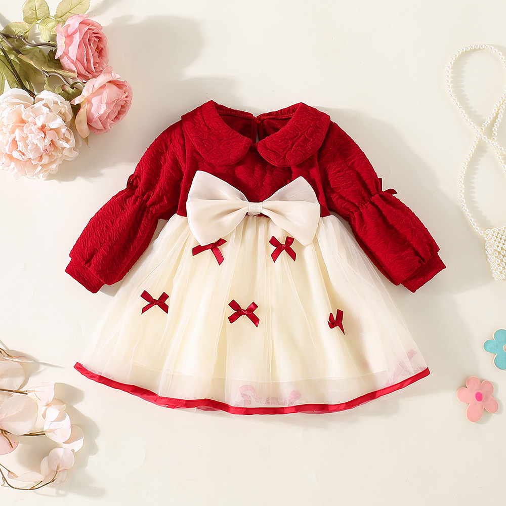 Picture of Spring and Autumn New Girls' Bow Mesh Long Sleeve dress Girls' Sweet Cute Red Spliced Dress