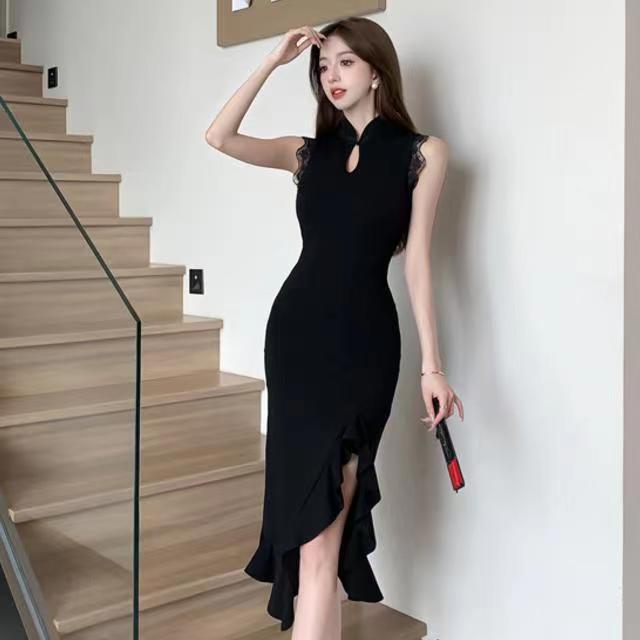 2024 New Chinese Style Young Ruffled Split Water Drop Lace Elegant Sexy Sleeveless Cheongsam dress