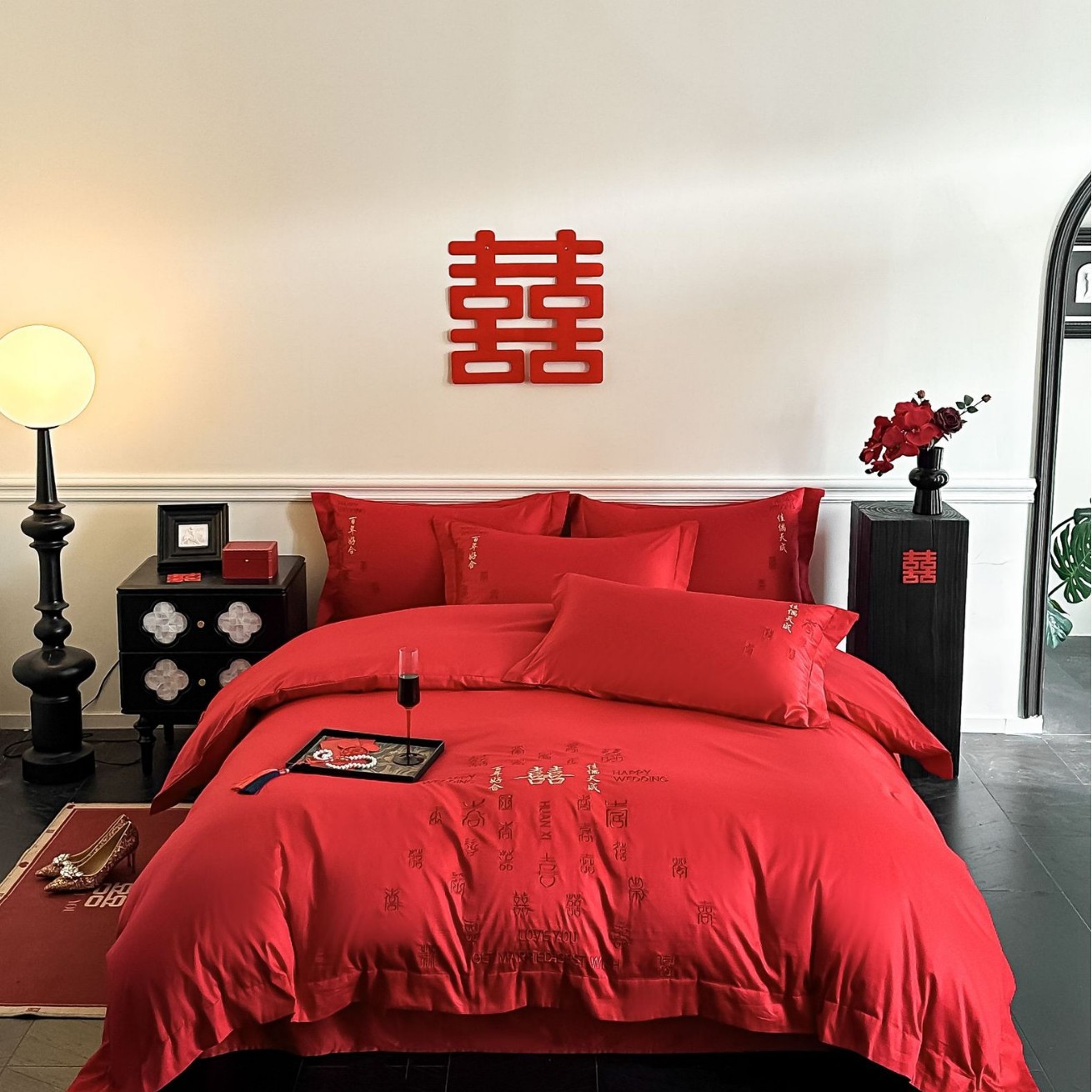 All-Cotton Wedding Four-Piece Set, Red Double Happiness Long-Staple Cotton Pure Cotton Bedding Wedding Quilt Cover, Wedding Bedding Set with Fitted Sheet