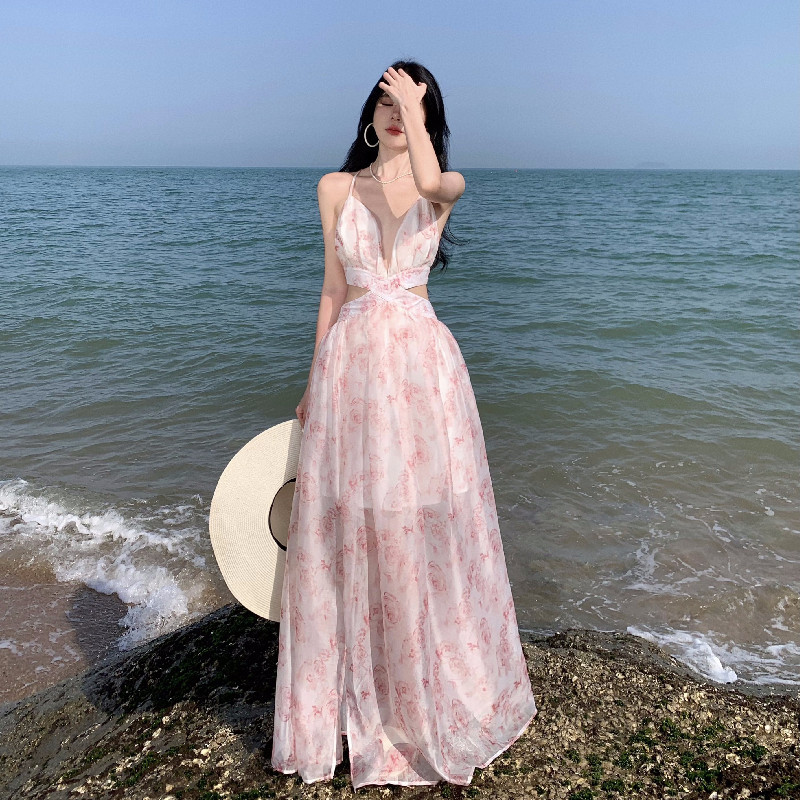 Seaside Holiday Beach Dress Elegant Fairy Dress Strap Backless Collar Printed Waist Dress