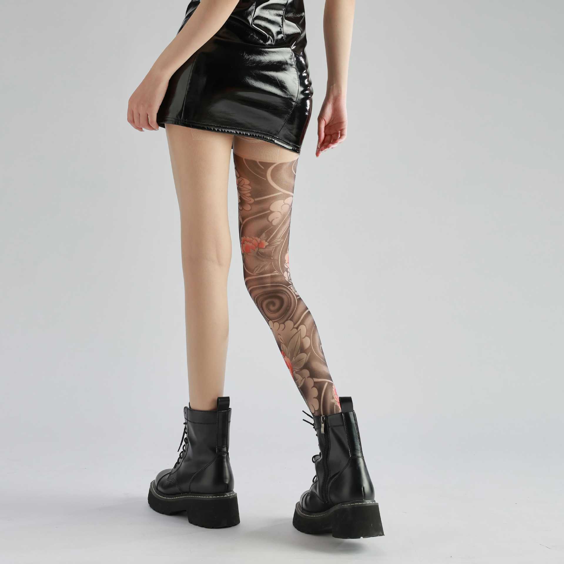 Flower leg tattoo pantyhose anti-hook silk arbitrary cut peony flower ultra-thin knitted pattern socks for men and women wholesale