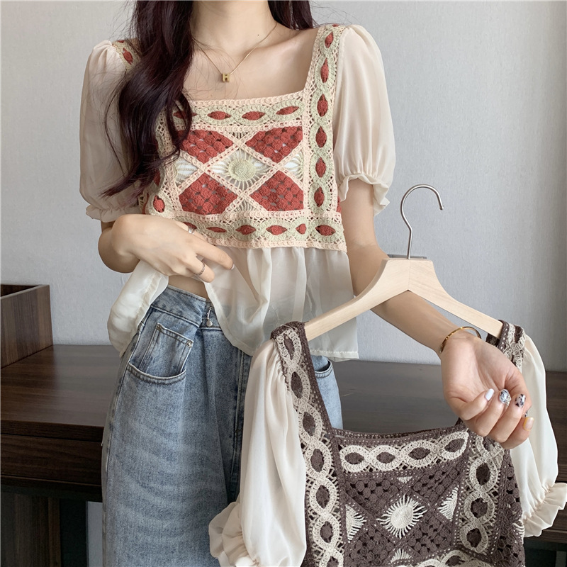 Retro square collar crocheted short-sleeved shirt women's design sense niche summer 2023 new Korean style loose top fashion