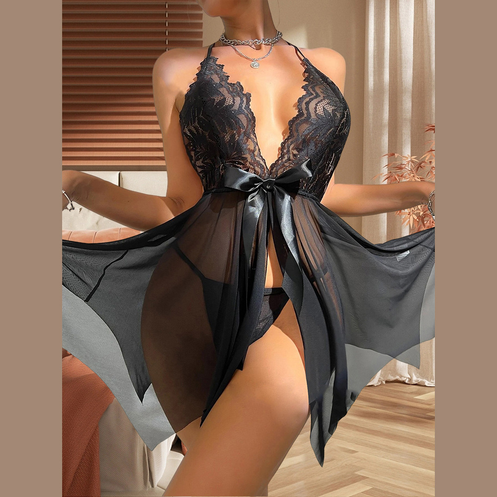 Cross-border supply European and American Foreign trade sexy lingerie hot sexy halter mesh perspective pajamas nightdress sexy suit