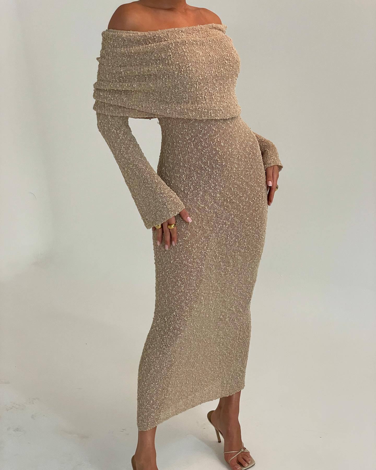 Picture of One-character Collar Party Long Dress Long Sleeve Sexy European and American Cross-border Perspective dress 2024 Autumn New Dress Women's Wear