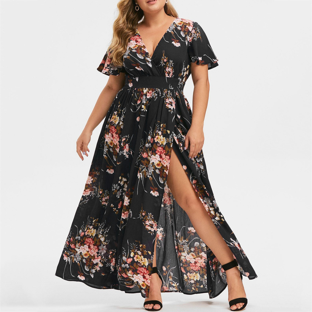 Picture of 2024 European and American Cross-Border Dress Summer New Plus Size Women's Printed Hem Slit Printed Short-Sleeved Dress