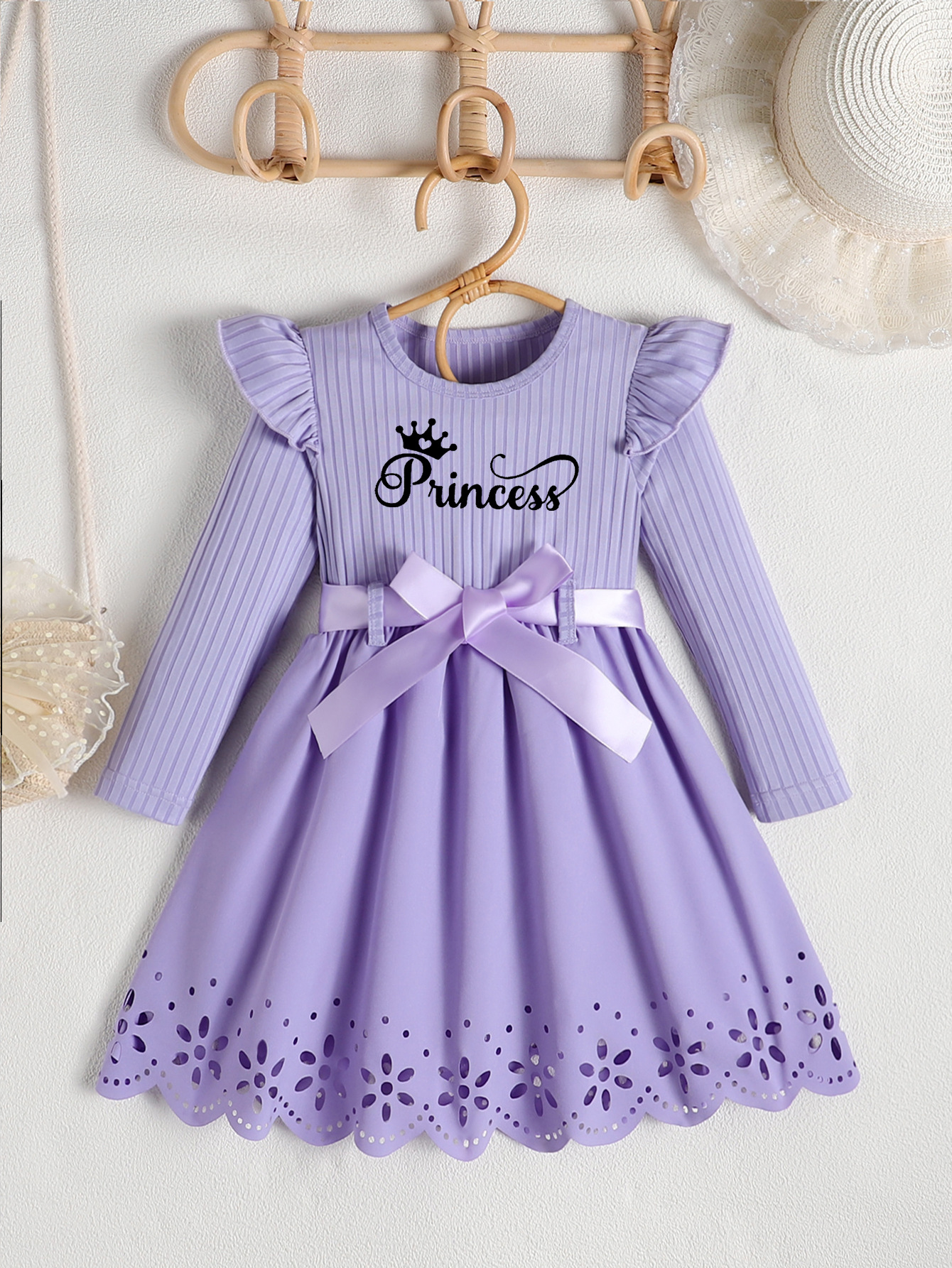 Picture of Autumn new girls princess letter printed bow belt round neck long sleeve hollow dress