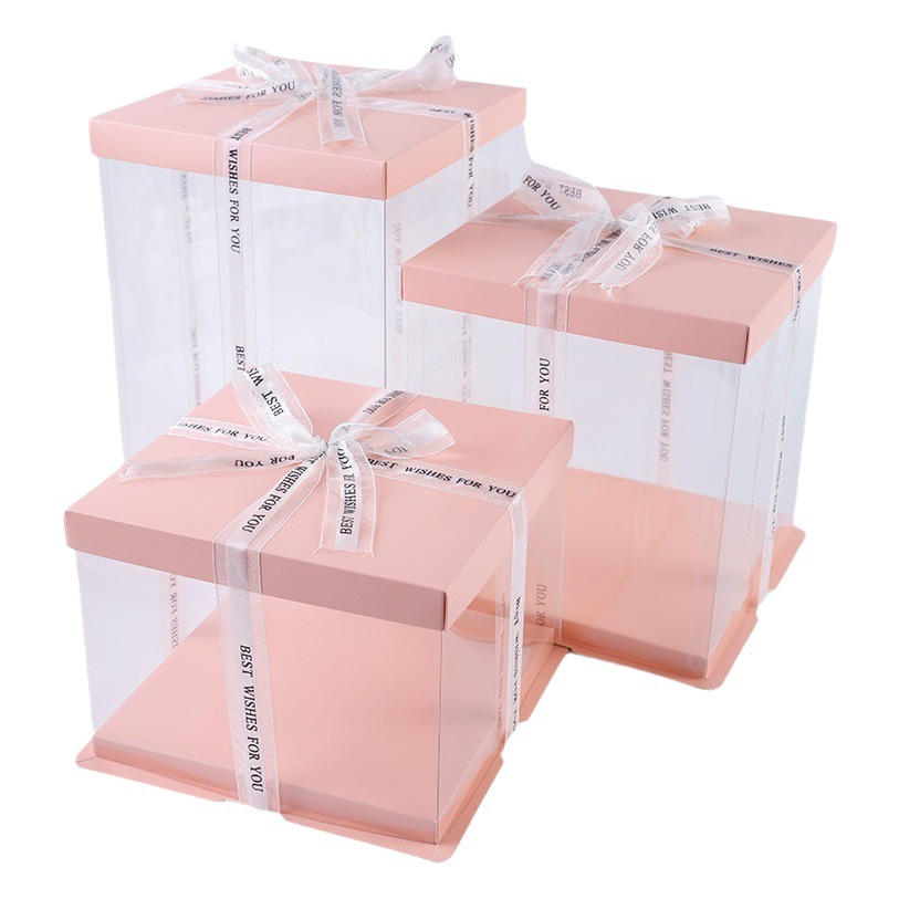 Pink cover transparent cake box birthday party gift plastic cake box baking food single double layer packing box