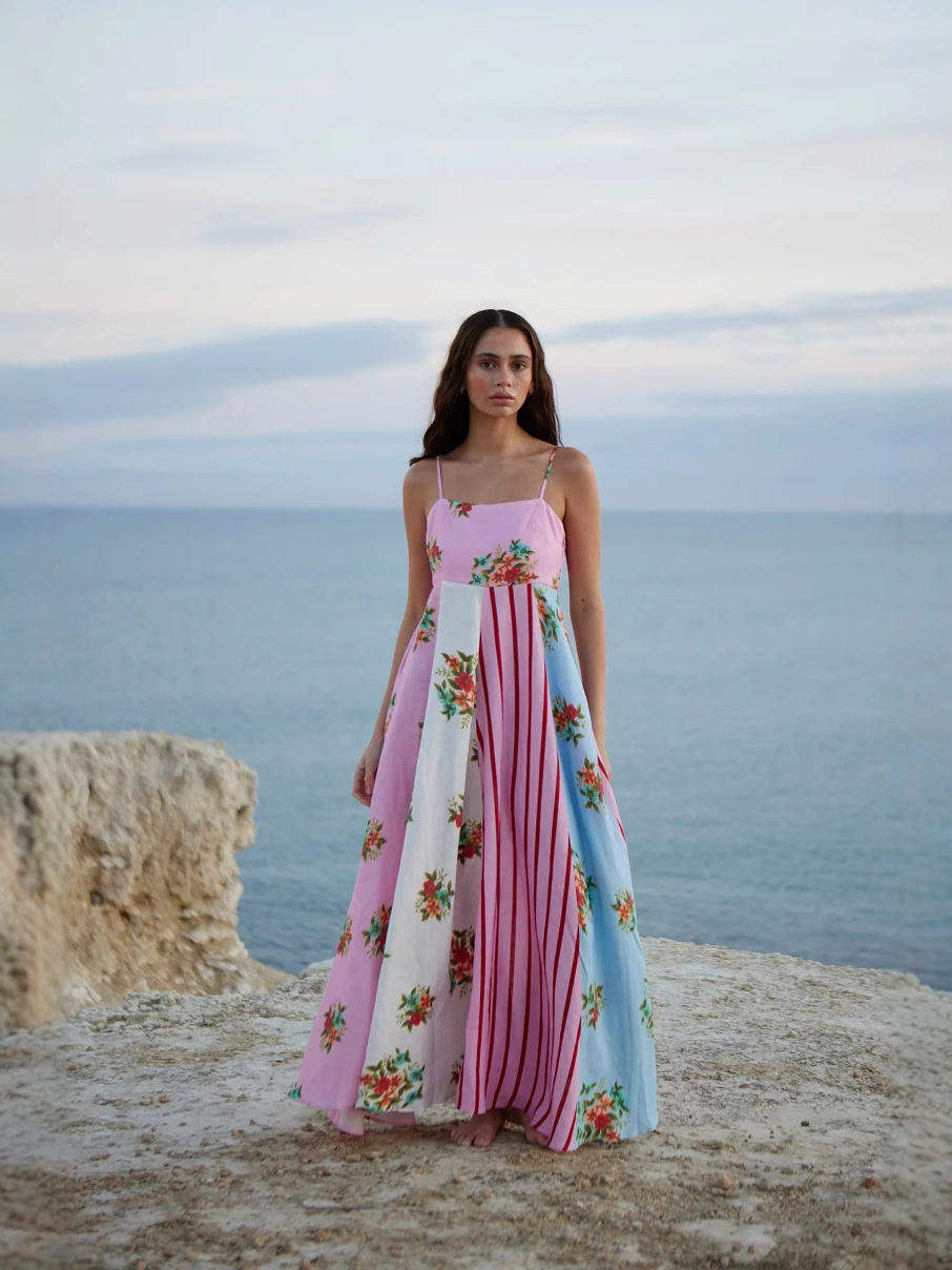 2025 Spring New European and American Cross-border Independent Station Sexy Sling Vacation Style Printed Sleeveless Large Swing dress Women