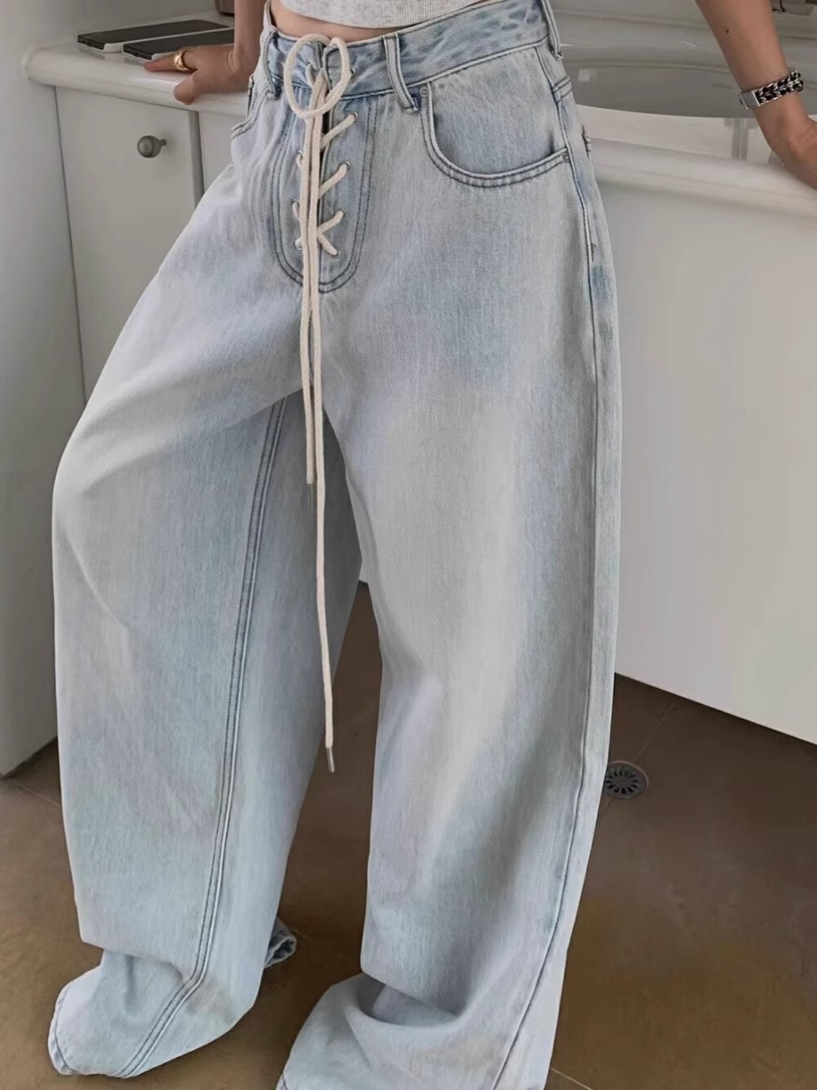 Cross Strap High Waist Jeans Women's Summer Retro Loose Straight Casual Wide Leg Pants