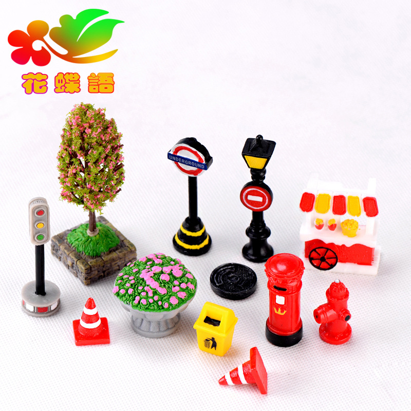 Picture of Indicating street sign street lamp mailbox fire hydrant trash can flower bed road cone Street View crafts resin gift ornaments