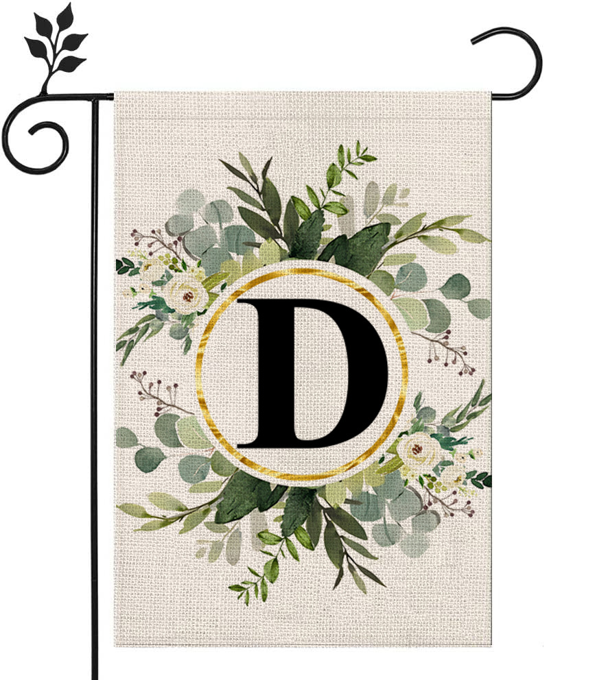 Picture of Simple ins style 26 letters + green plant printed linen garden flag surname initials courtyard door flag
