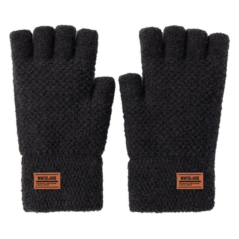 Split-Finger Cycling Gloves for Male Students in Autumn and Winter Woolen Knitted Fleece-Lined Warm and Cold-Proof Cycling Fingerless Touch Screen Gloves