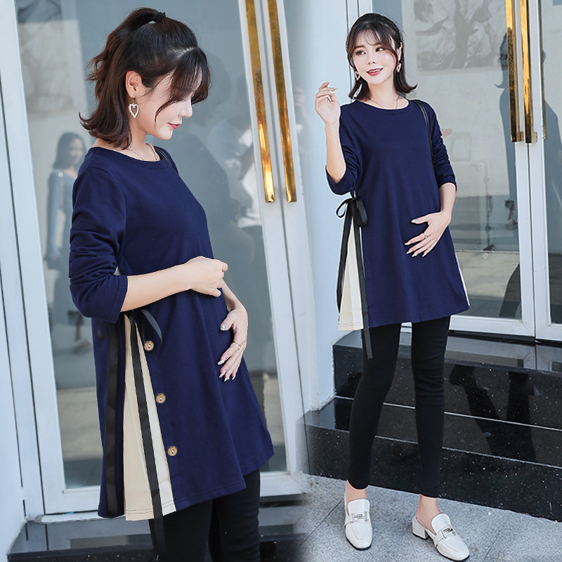 Pregnant women's autumn clothing fashionable Korean style loose top bottoming shirt mid-length spring and autumn pregnant women dress autumn and winter long sleeve