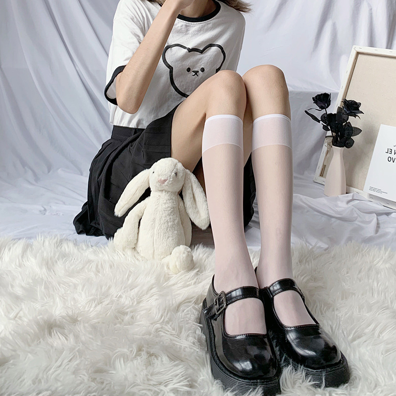 Japanese lolita transparent thin lolita socks women's black silk calf socks mid-calf summer solid color jk college style