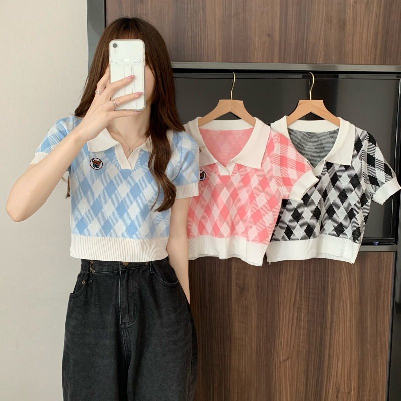 Lingge Short Top Women's Collar 2023 Spring/Summer Internet Popular New College All-Match Short-Sleeved Knitted Sweater