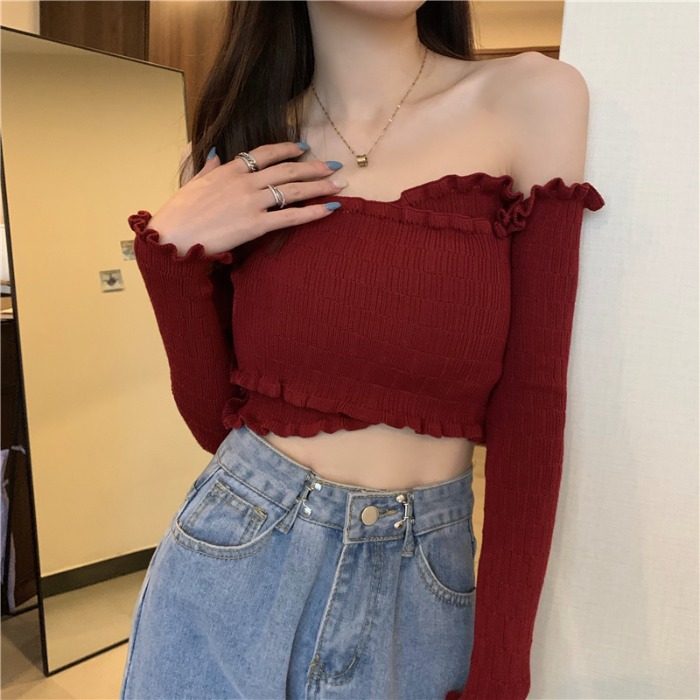 Picture of Early autumn off-shoulder solid color striped agaric lace watch machine off-shoulder knitted top