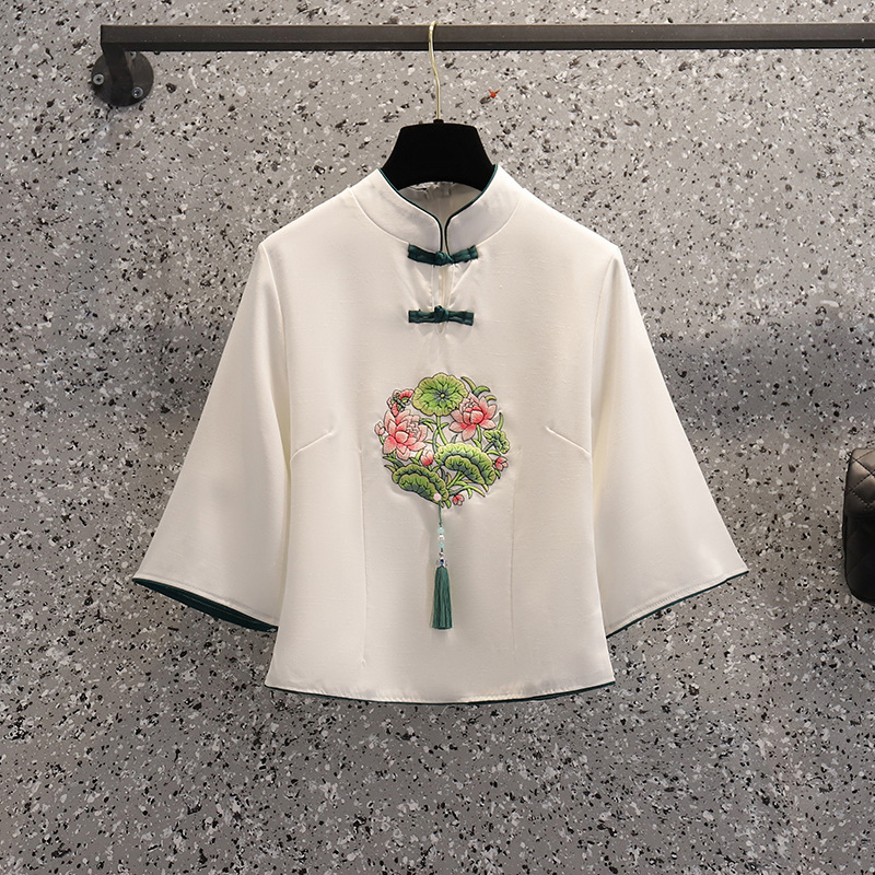 Picture of Republic of China Style Tang Suit Women's Clothing Improved Cheongsam Ear-picking Clothing Zen Style Young Tea Artist's Top Middle Sleeve suit Women