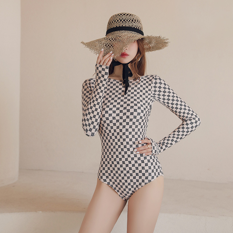 Factory wholesale new sexy beautiful back cover belly slim fashion personality printing long sleeve conservative one-piece ladies swimsuit