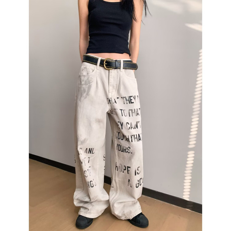 American Style Vintage Washed Old Letter Print Jeans Unisex Loose Straight Casual Pants