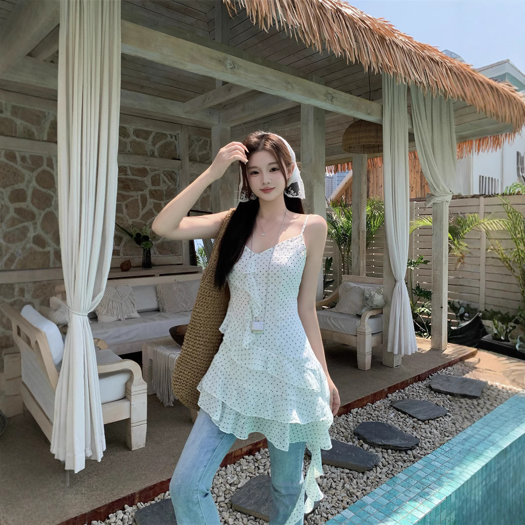 Cross-Border French Polka-Dot Ruffled Chiffon Suspender Dress with Waist Slimming Irregular Skirt