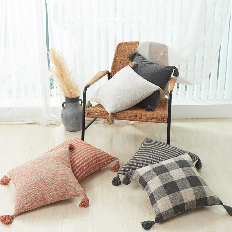Picture of Xu Ai Thickened Cotton and Linen Texture Striped Plaid Multicolor Tassel Fashion Sofa Cushion Cover Factory in stock
