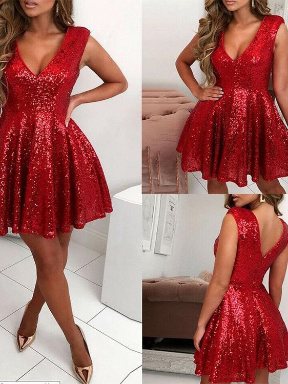 Amazon popular women's sequined sleeveless V-neck skater European and American women's mini dress evening party dress