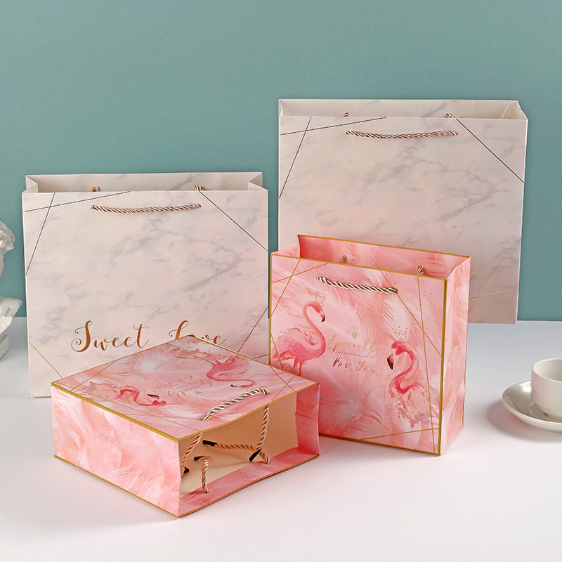 Carefully Selected Wholesale Marble Pattern Gift Bags, Handbags, Personalized Flamingo Gift Packaging Paper Bags, Gift Bags, Starry Sky Pink