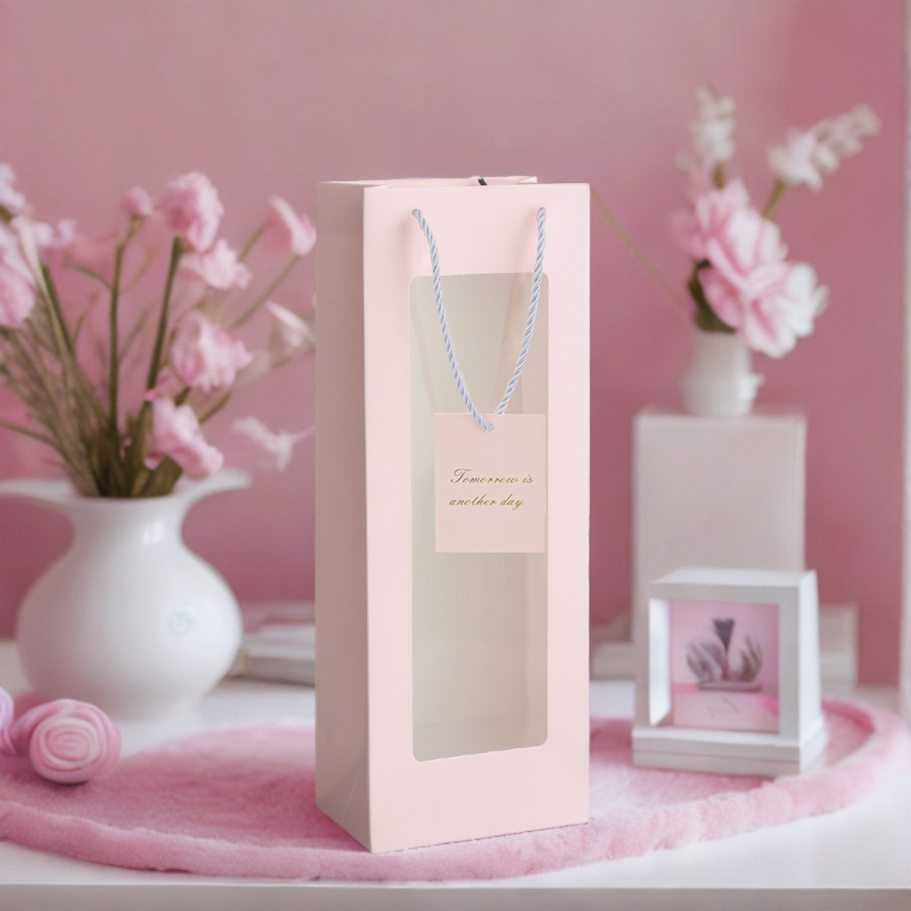 Transparent Window Wine Gift Bag Wedding Pure Color Single Red Wine Packaging Satchel Paper Bag Gift Bag Ready for Sale