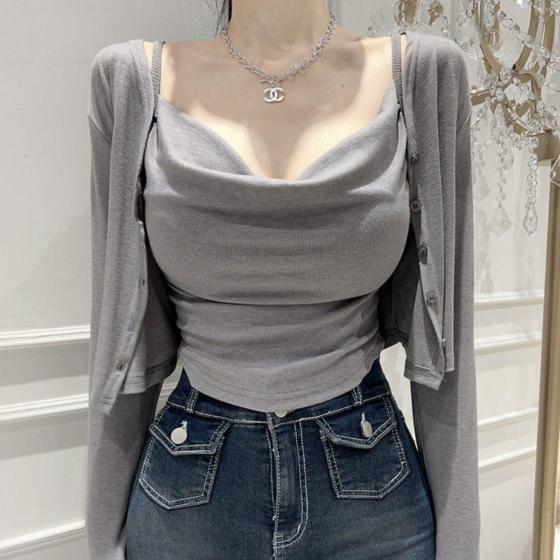 South Korea Dongdaemun Women's Tight Sexy Pleated Camisole Short Cardigan Top Fashion Two-piece Suit
