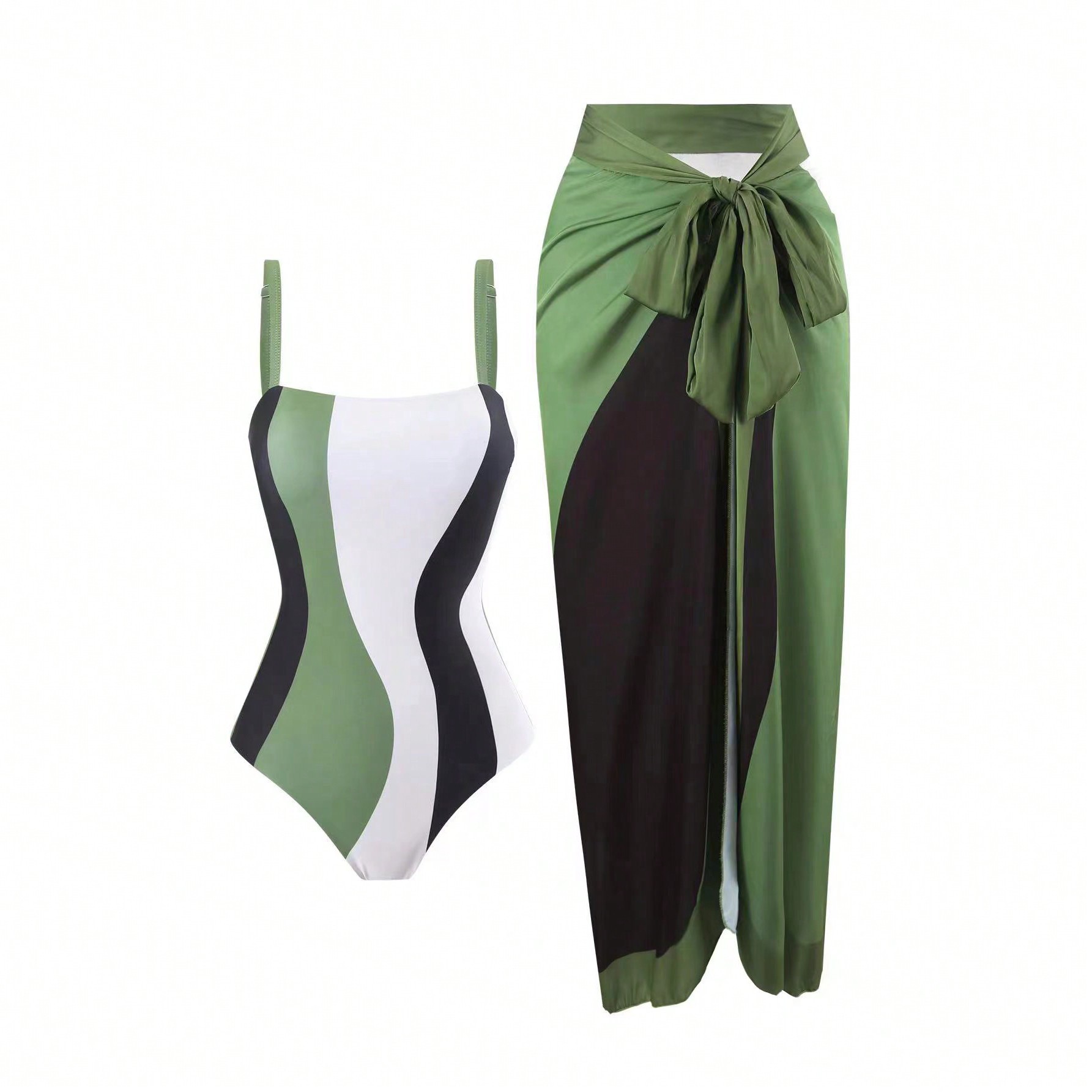 European and American 2025 New Amazon Cross-Border Fashion Slim One-Piece Suspender Swimsuit Gauze Skirt 2-Piece Set