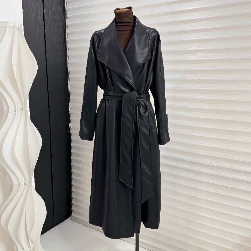 Picture of 2025 New Autum Style French Style Large Lapel Mid-Length Leather Outwear Women's Waist-Length Over-The-Knee Windbreaker Outwear