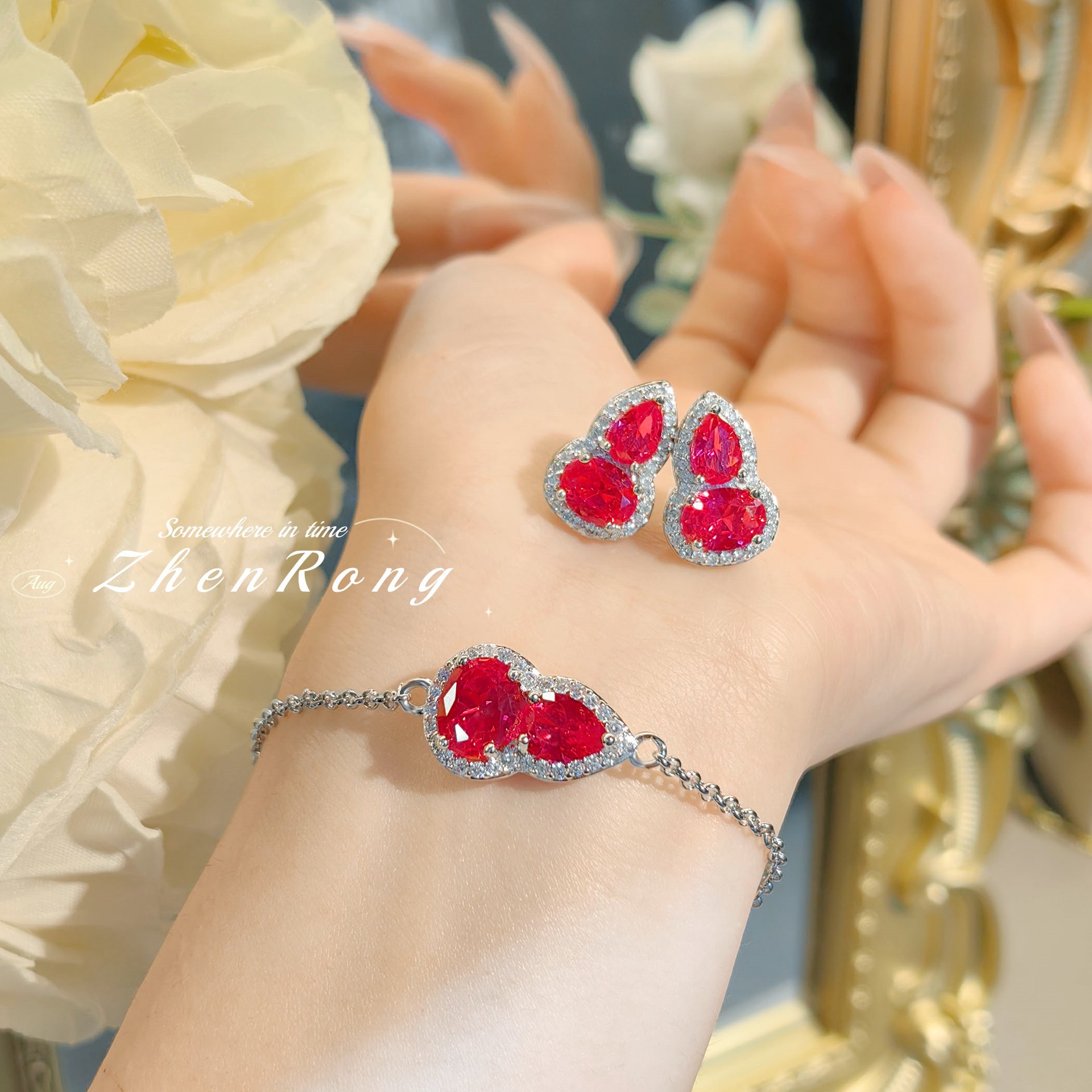 Advanced Sense Red Corundum Gourd Earrings Elegant High Carbon Diamond Earrings Light Luxury Red Diamond Fulu Bracelet Bracelet suit Women