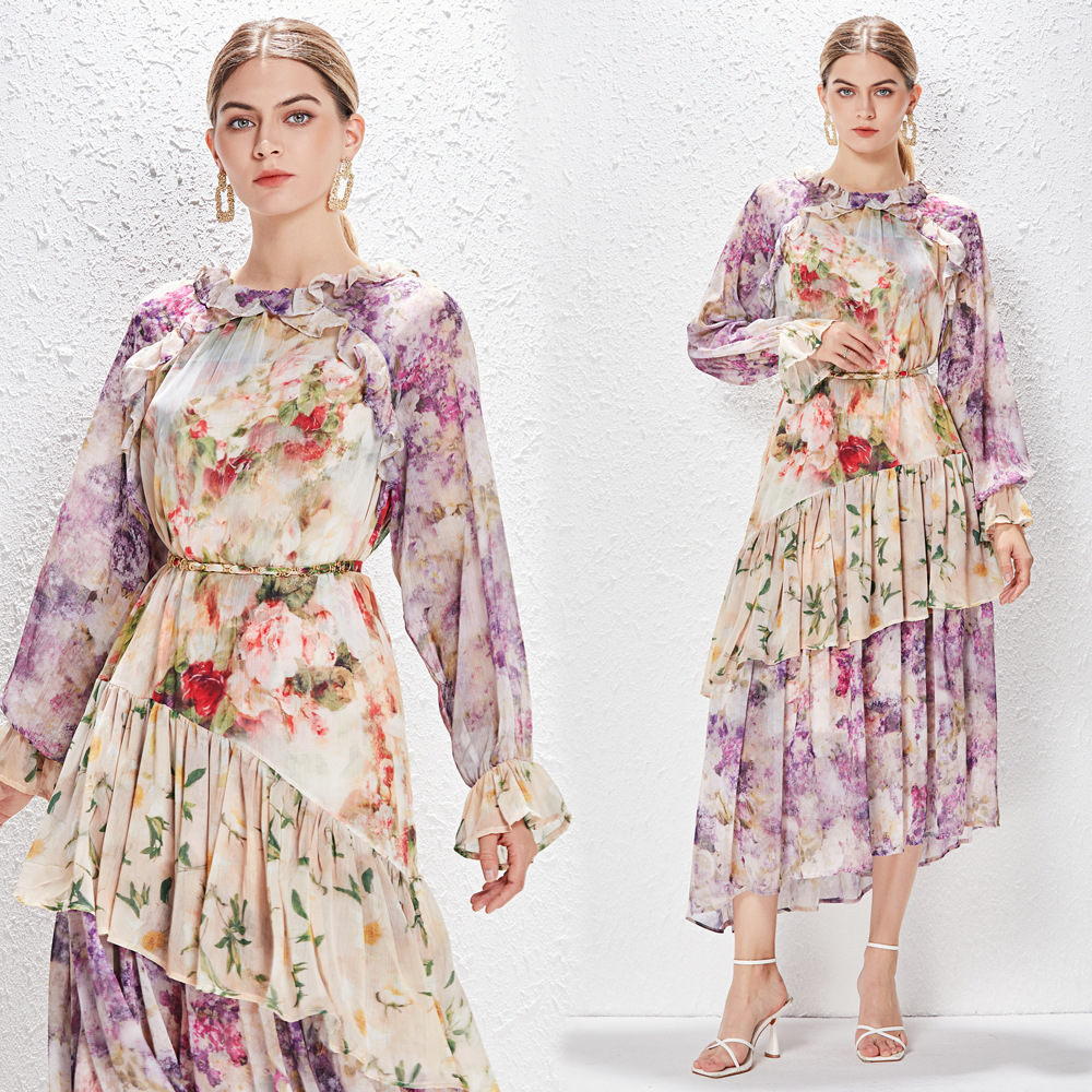 Real shot in stock heavy industry chiffon multi-layer irregular Printing Dress holiday style lace-up midi dress female temperament