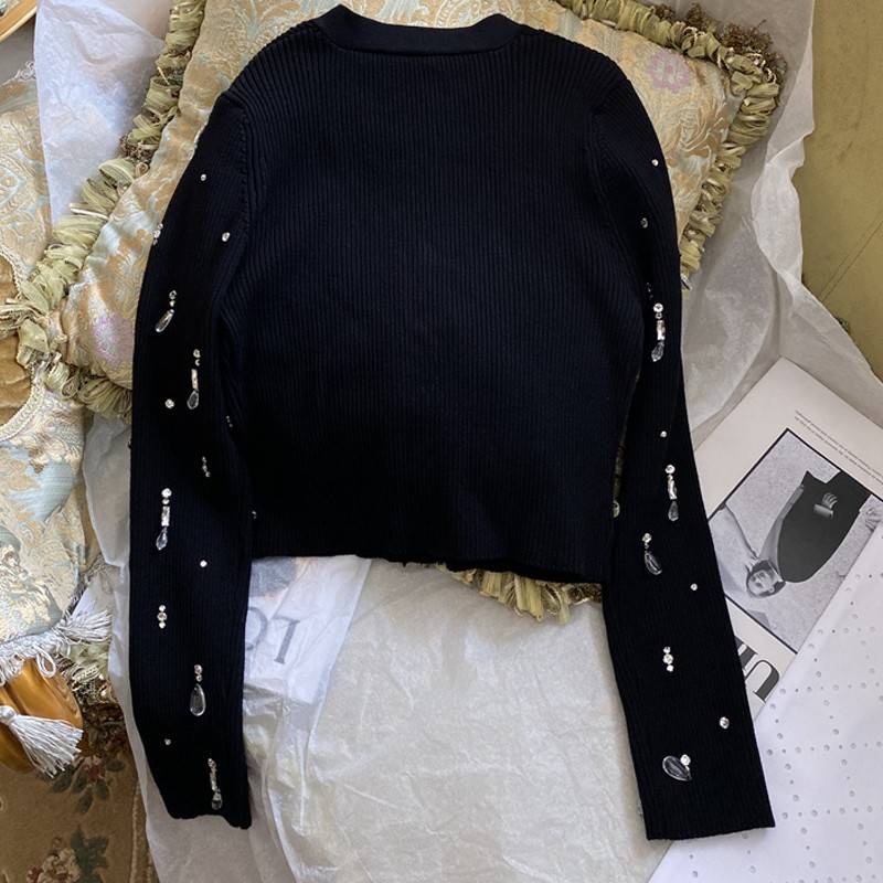 Picture of Miu Style Beaded Diamond Long-Sleeved Knitted Cardigan V Neck Versatile Black Slimming Look Spring New Short Sweater for Women