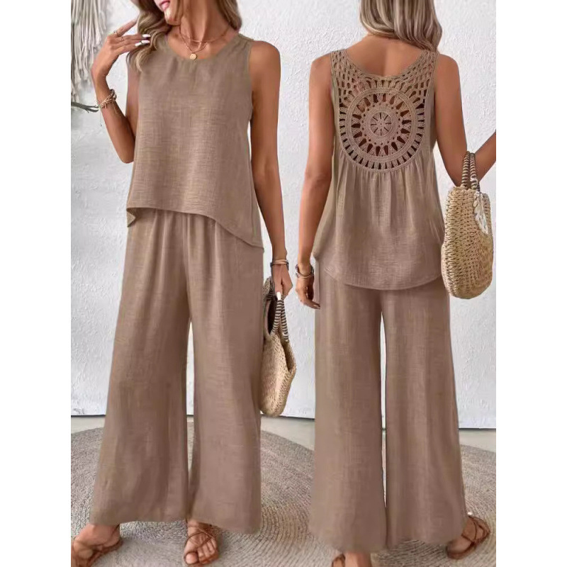 European and American Cross-Border Women's Independent Station New Solid Color Back Hollow Lace Wide-Leg Pants Casual Fashion Suit