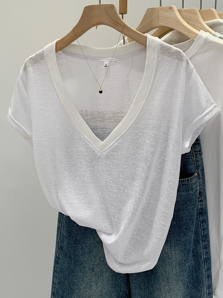 European Hot-Selling White V Neck Snowflake Cotton and Linen Short-Sleeved T-Shirt for Women Summer 2025 New Slightly See-Through Pure Lust Sexy Top