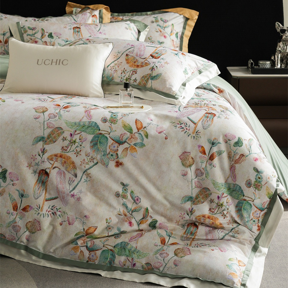 American Style Cotton Four-Piece Set with Colorful Floral Digital Printing Pure Cotton Quilt Cover Bed Sheetss and Bedding