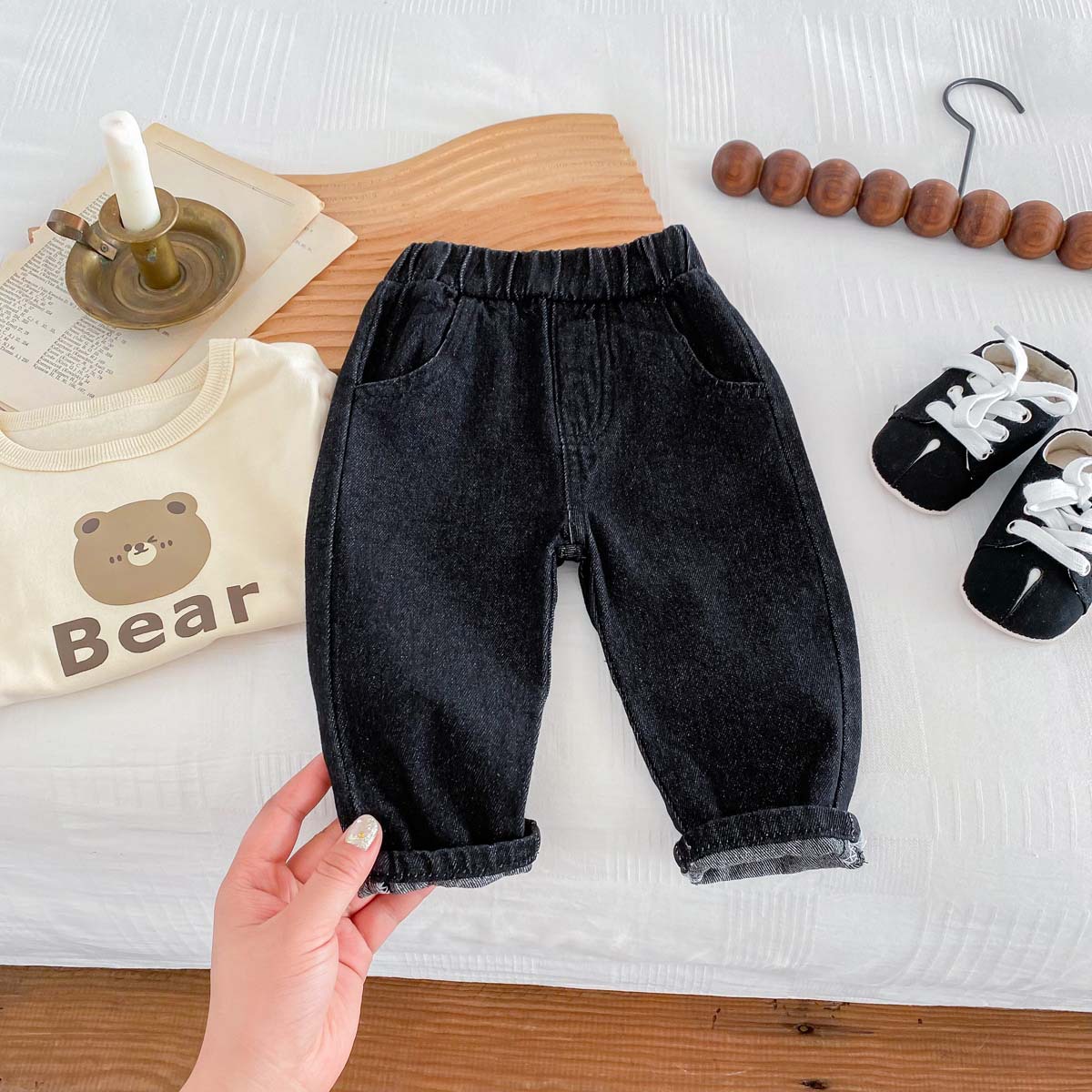 Picture of Ins Kidsren's Spring & Fall New Jeans for Boys and Girls 0-6 Years Old, Stylish Pure Color Pants, Simple Casual Pants, Soft