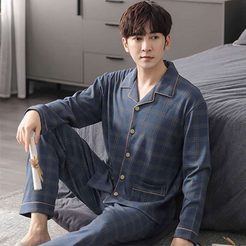 Pajamas for Men Spring and Autum Cotton Cardigan Long-Sleeved Casual Loose Large Size Autum and Winter High-End Home Wear Set