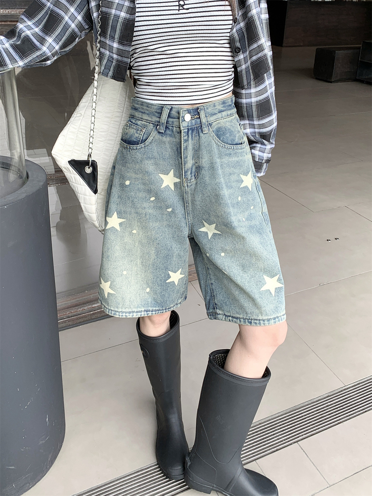 European and American Retro High Street Star Denim Shorts Women's Street Straight All-match Loose Slimming Wide-leg Trendy Pants