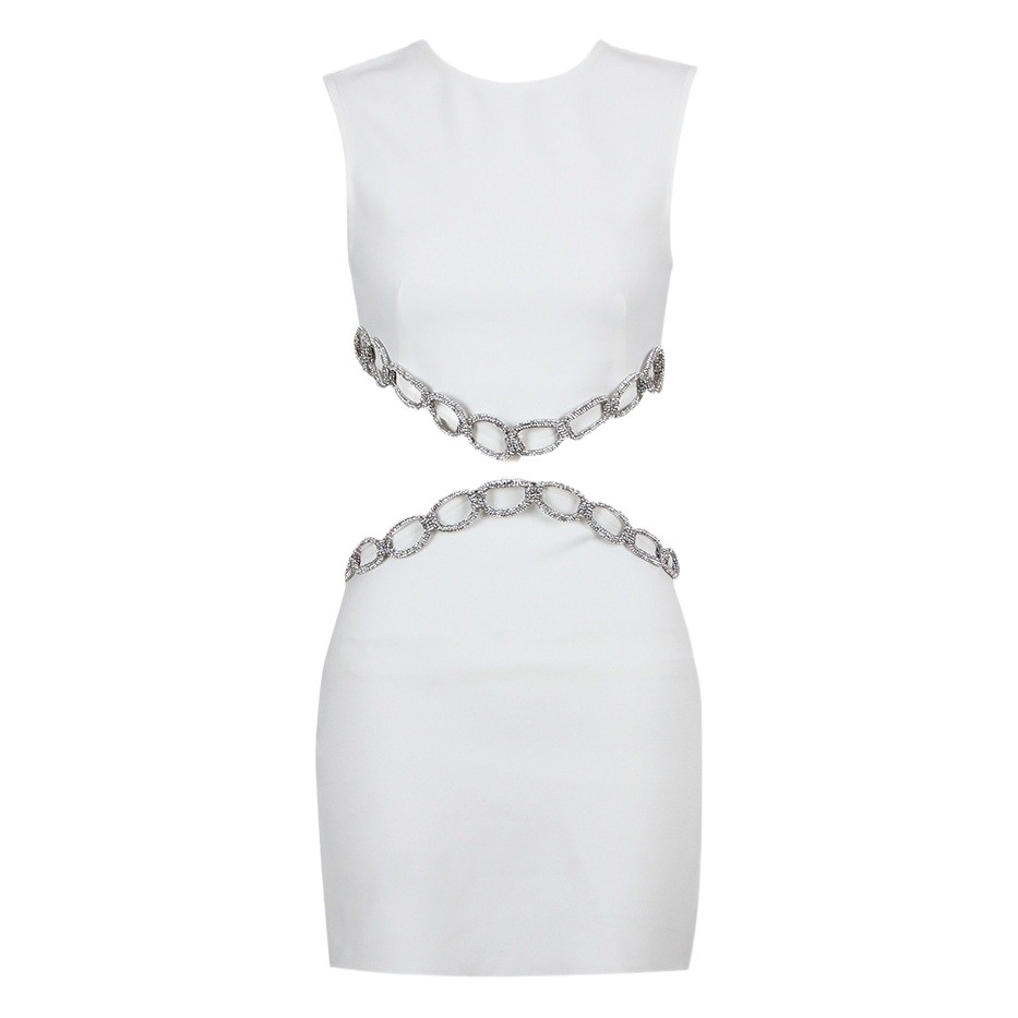 2023 new European and American cross-border sexy hollow waist ring diamond rope round neck elegant fashion bandage dress dress
