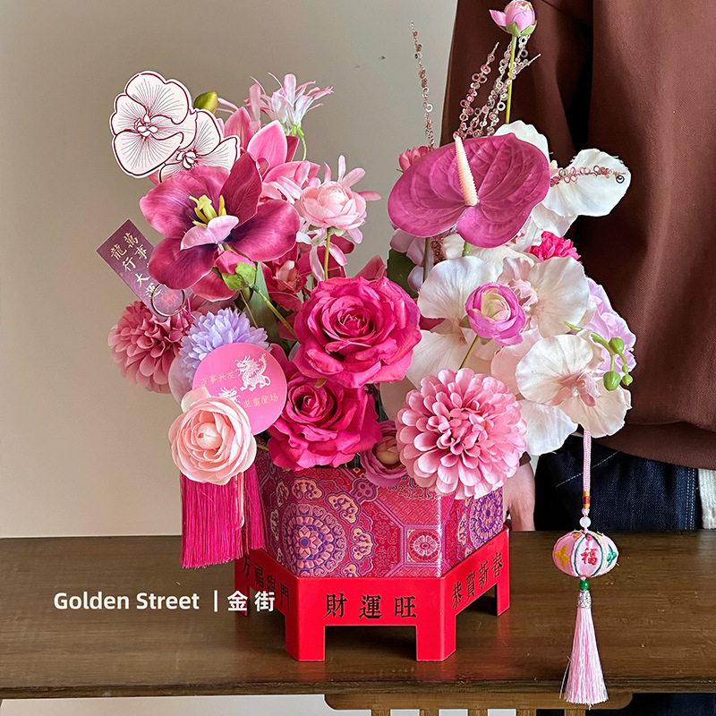 Picture of New Year's Eve Flower Box Bucket Decoration Ornaments Hug Bucket Chinese National Style Embroidery Octagonal Flower Bucket Ruyi Lock Bucket