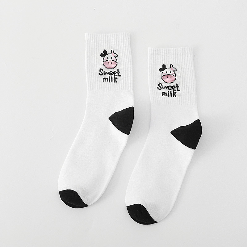 Picture of Socks Women's Spring and Summer Classic Black and White Cow Japanese Style Mid-Tube Socks Harajuku Distinctive Fashionable Socks Ins Sports Skate Socks
