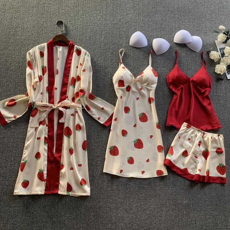 New Sexy European and American Home Large Size Dwelling Clothing Printed Four-piece Set Fashionable Comfortable Lace Pajamas Set 2023