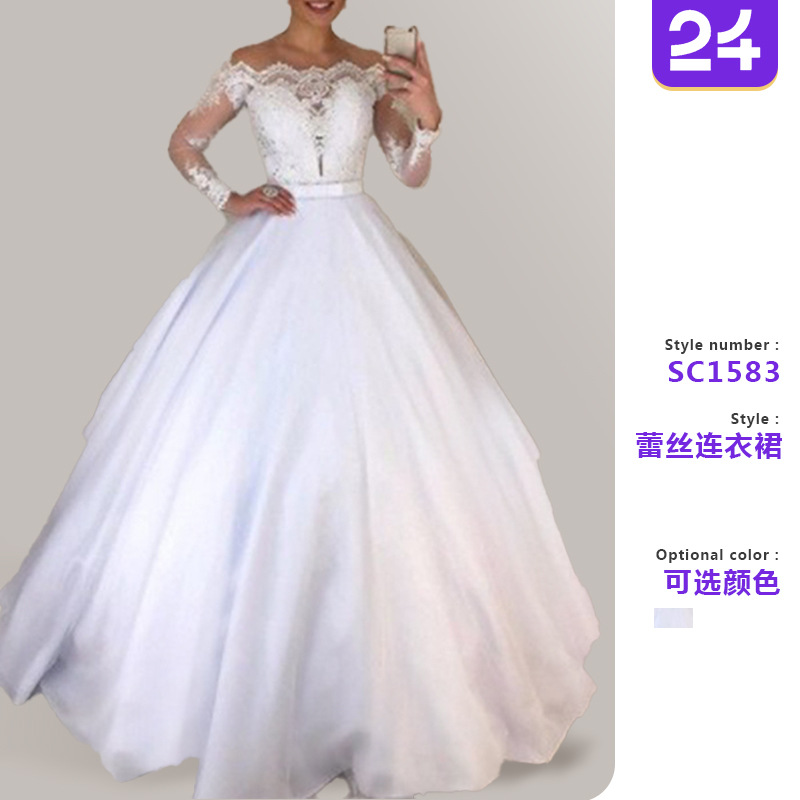 2025 Export New Wish European and American One-Shoulder V Neck Slim Fashion Lace Skirt Fluffy Tail Wedding Dress